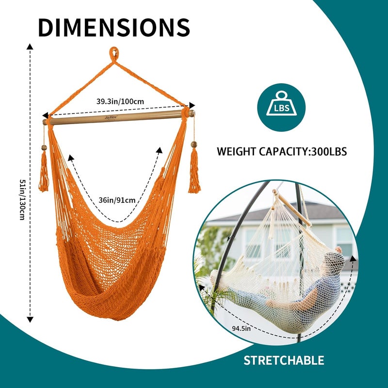 JoyView Hammock Chair with Spreader Bar Caribbean Hammock Swing Chair 300 LBS Weight Capacity XL Rope Hanging Chair for Outdoor Indoor Garden Yard - Orange - Image 2